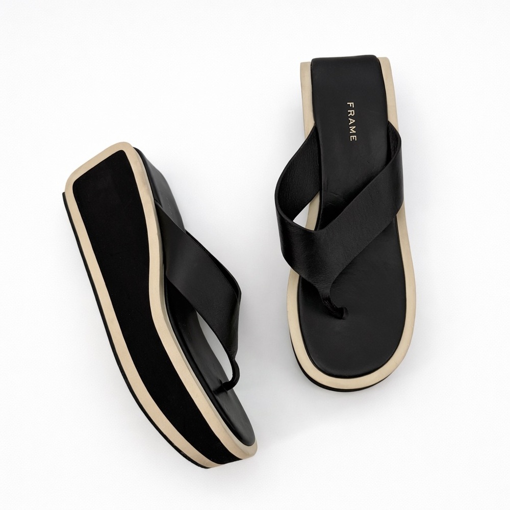 Frame Denim Black and Beige Platform Thong Sandals